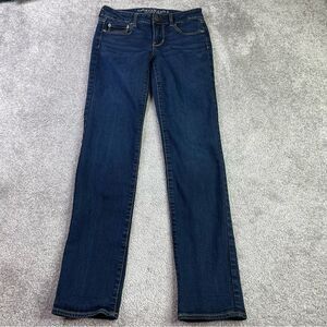 American Eagle Jeans Women’s 4 Long Blue Straight Dark Wash Low Rise Stretch